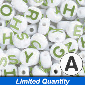 1197K073GN - 10mm Alphabet Beads - White / Green Letters - 40 Piece Pack